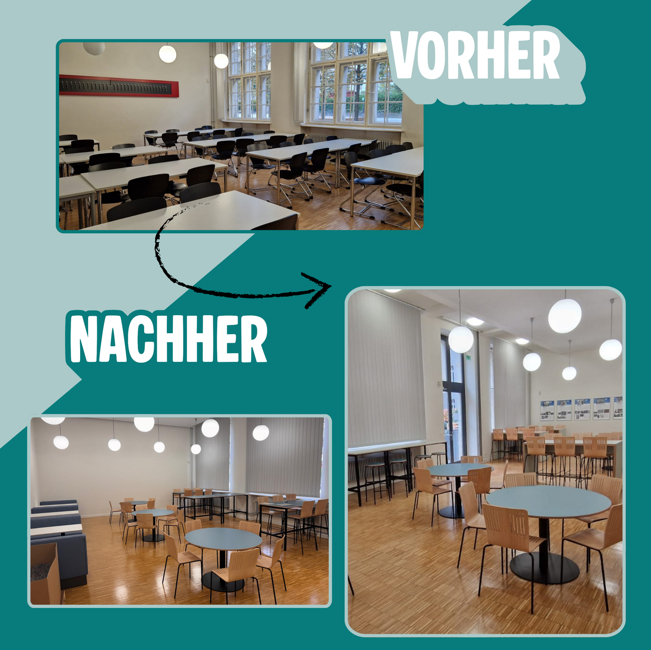 Auf dem oberen Bild ist die Cafeteria mit den alten Möbeln. Auf den zwei unteren Bildern sieht man die neue Möblierung in den beiden Räumen.
